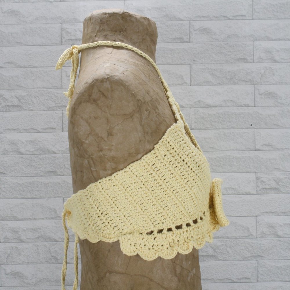 HAND CRAFTED Crop Top Crochet Halter Bow Cut Out Circles Bralette Yellow Cotton - Picture 4 of 14